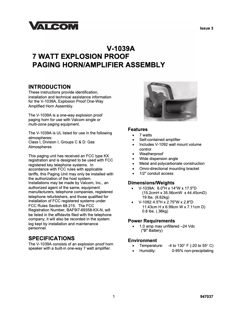 Page n°1 - Manuel utilisateur Valcom V-1069A