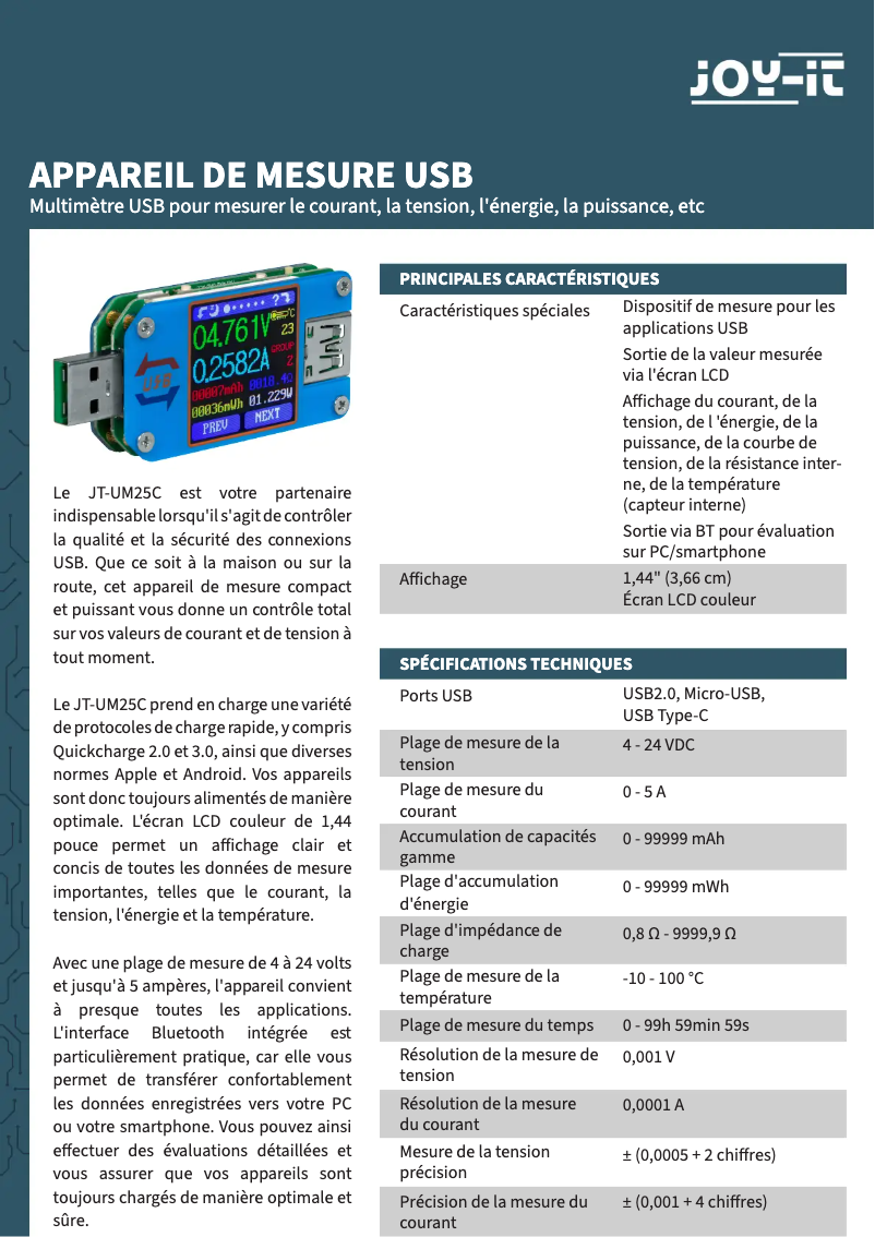 Page 1 de la notice Fiche technique Joy-It JT-UM25C