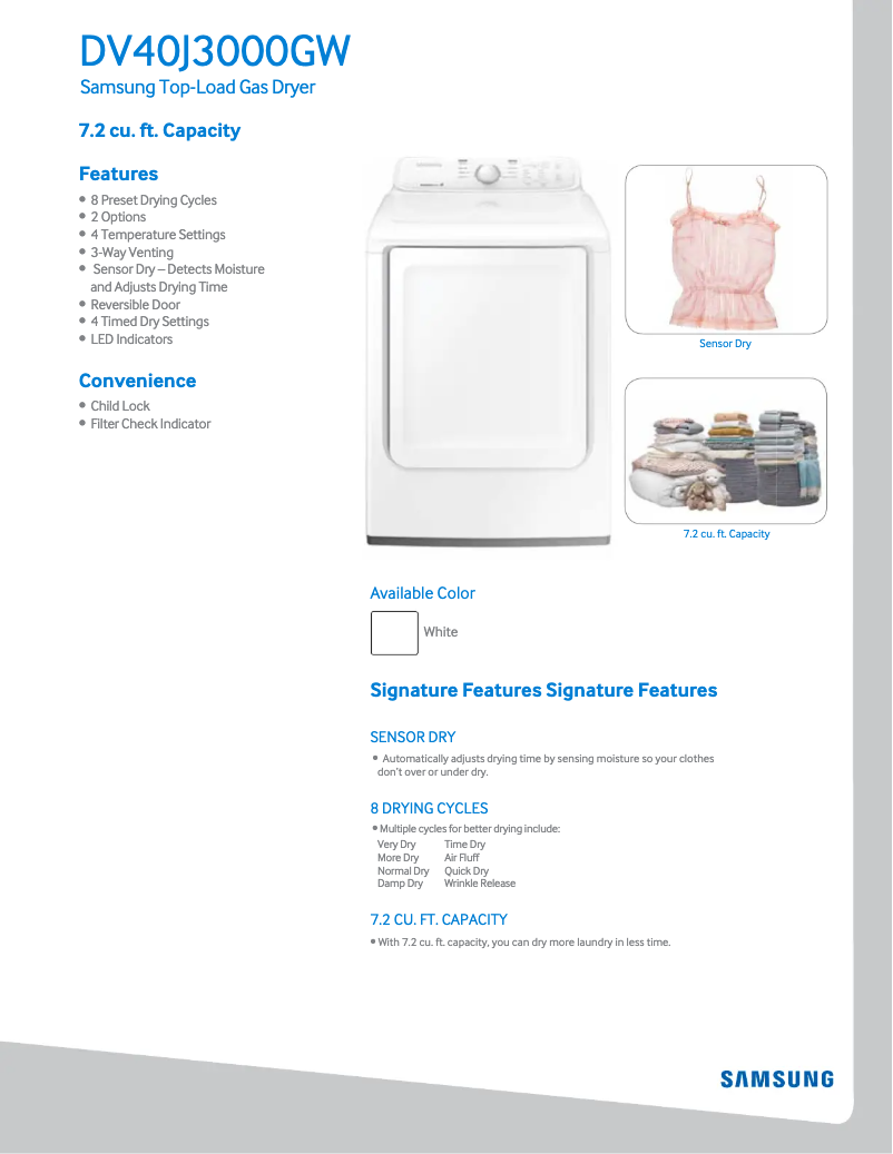 Page n°1 - Fiche technique Samsung DV40J3000GW