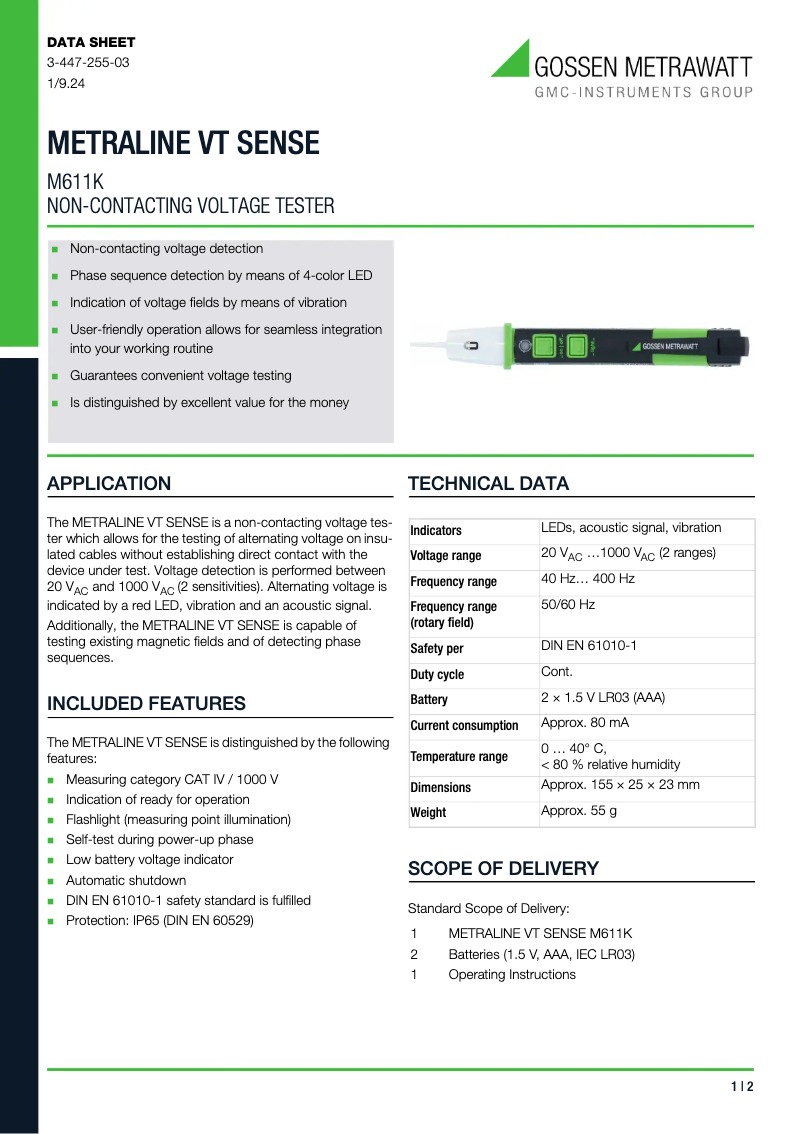 Page 1 de la notice Fiche technique Gossen Metrawatt METRALINE VT SENSE M611K