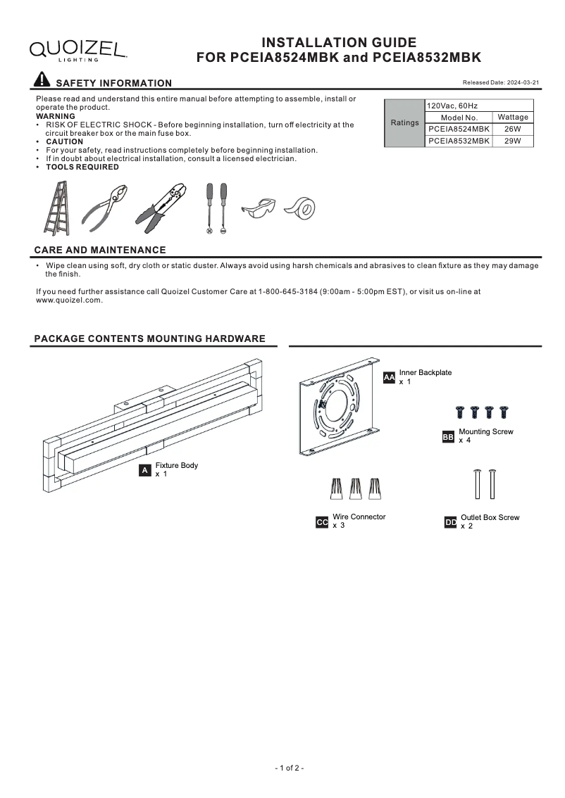 Page n°1 - Manuel utilisateur Quoizel Elias PCEIA8524MBK