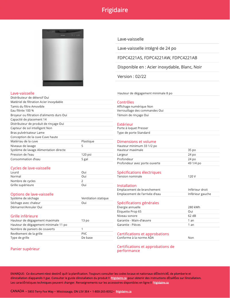 Page 1 de la notice Fiche technique Frigidaire FDPC4221AB