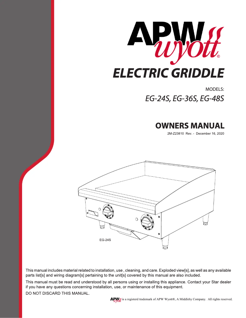 Page 1 de la notice Manuel utilisateur APW Wyott EG-48S