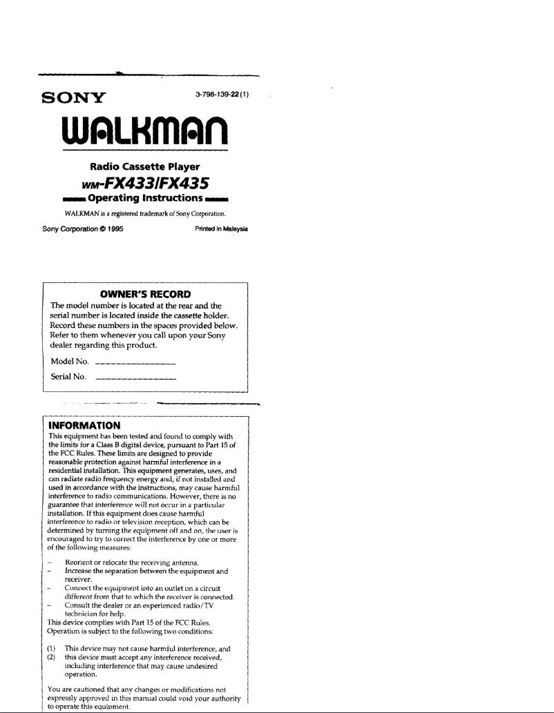 Image de la première page du manuel de l'appareil Walkman WM-FX433