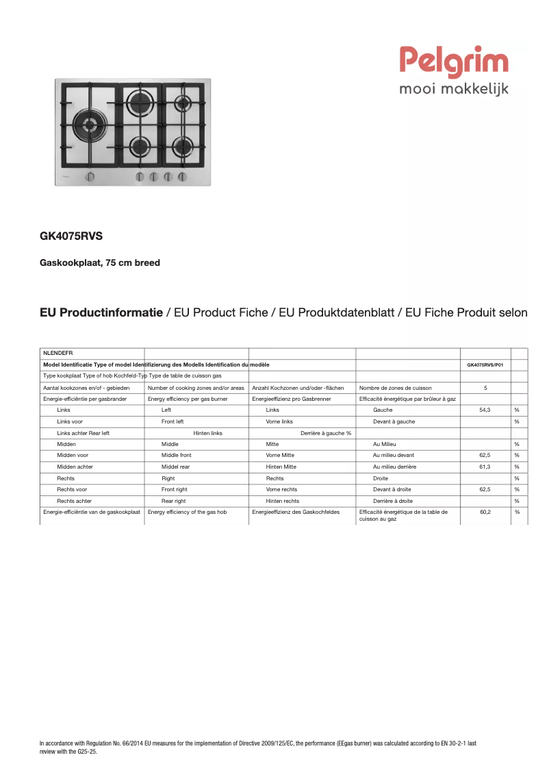 Página 1 del manual Ficha técnica Pelgrim GK4075RVS