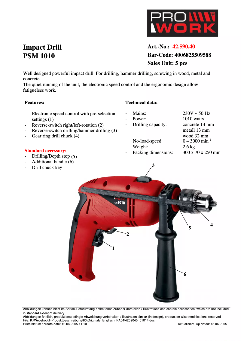 Page 1 de la notice Fiche technique Prowork PSM 1010