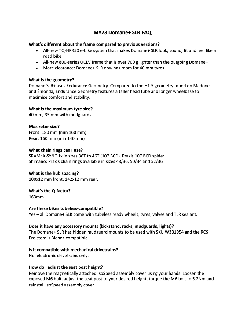Page 1 de la notice FAQ Trek Domane+ SLR 6 AXS