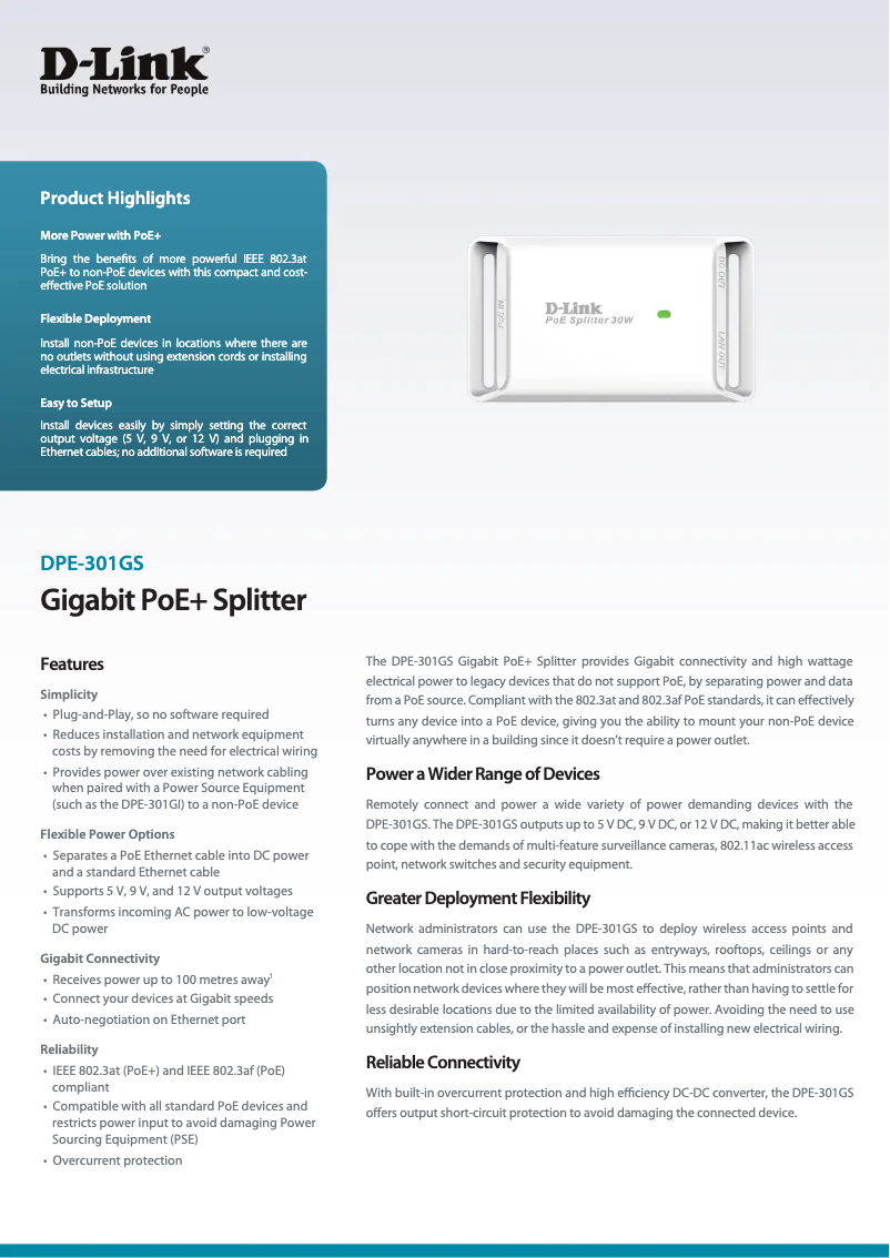 Page 1 de la notice Fiche technique D-Link DPE-301GS