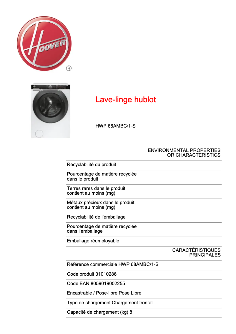 Page n°1 - Fiche technique Hoover H-WASH 500 HWP 68AMBC/1-S