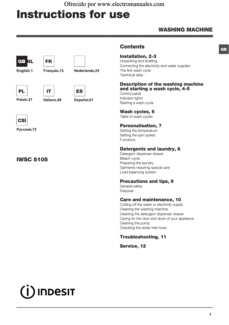 Page n°1 - Manuel utilisateur Indesit IWSB 5105