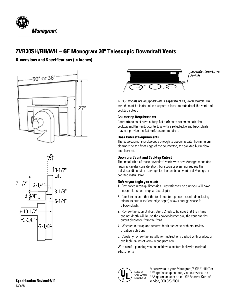 Page 1 de la notice Fiche technique GE ZVB30WHWW