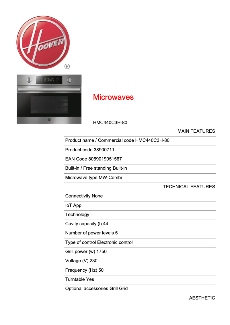 Page n°1 - Fiche technique Hoover HMC440C3H-80