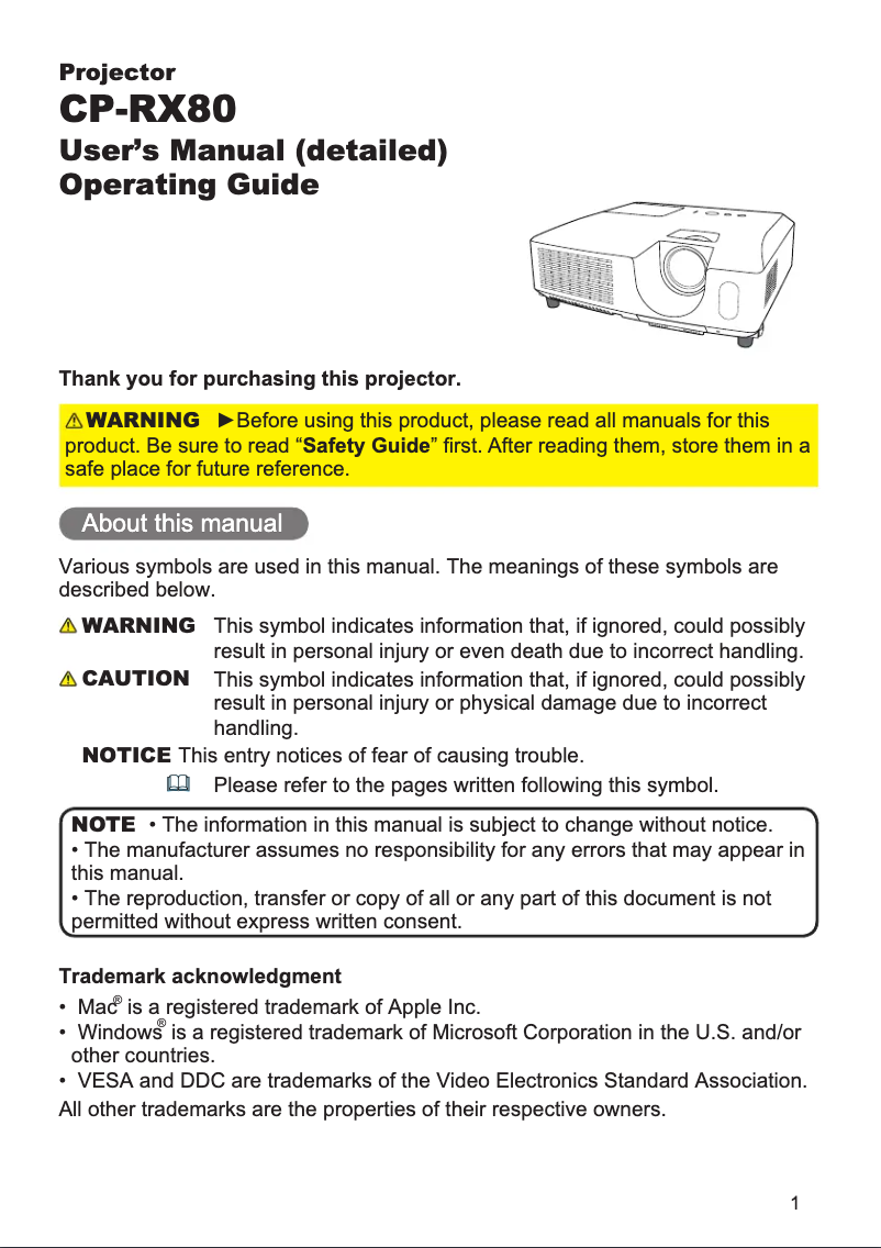 Page 1 de la notice Manuel utilisateur Hitachi CP-RX80