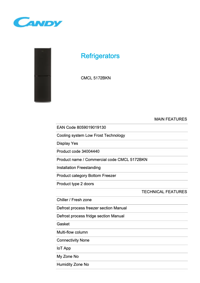 Page 1 de la notice Fiche technique Candy CMCL 5172BKN