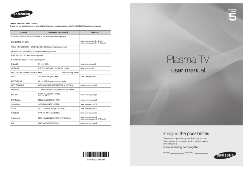 Page 1 de la notice Manuel utilisateur Samsung PS50B551T3P