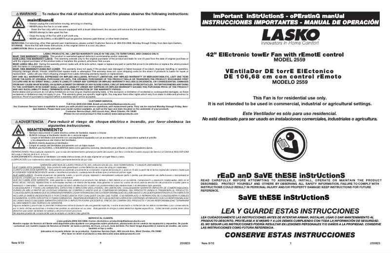 Page 1 de la notice Manuel utilisateur Lasko 2559