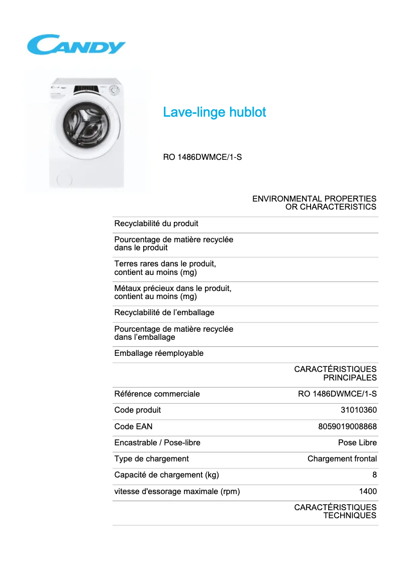 Page 1 de la notice Fiche technique Candy RO 1486DWMCE/1-S