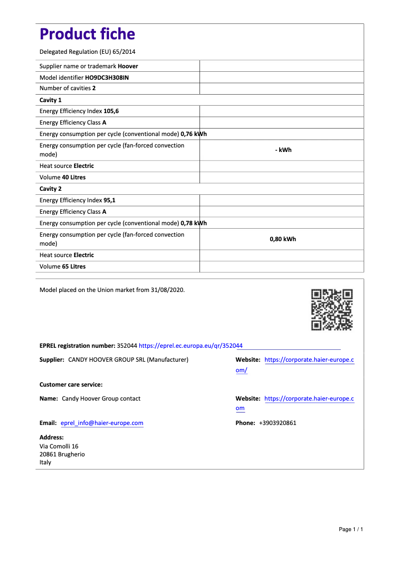 Page 1 de la notice Fiche technique Hoover H-OVEN 300 HO9DC3H308IN