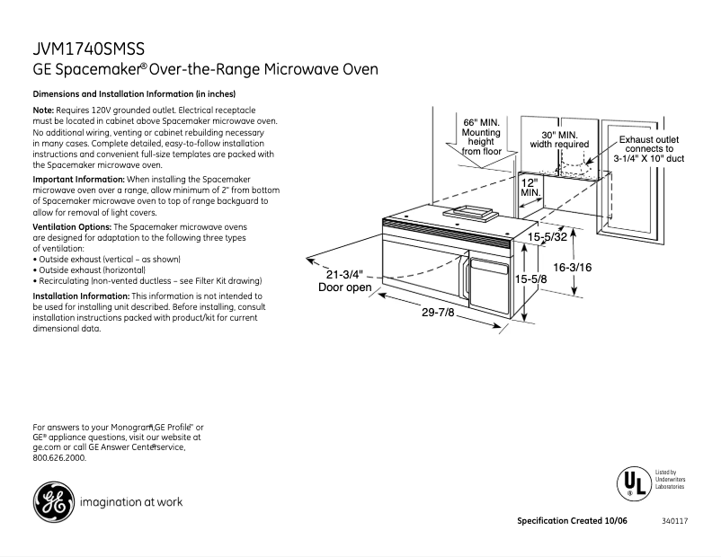 Page 1 of the manual Technical Sheet GE Spacemaker JVM1740SMSS