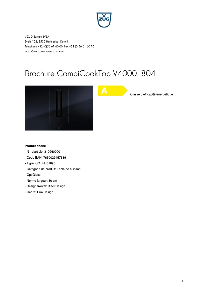 Page 1 de la notice Brochure V-Zug CombiCookTop V4000 I804