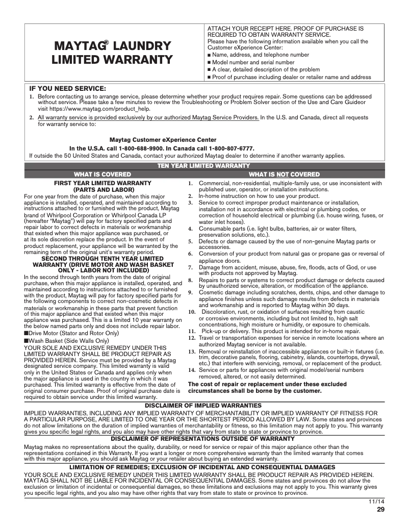 Page 1 de la notice Informations de garantie Maytag MHW8630HC