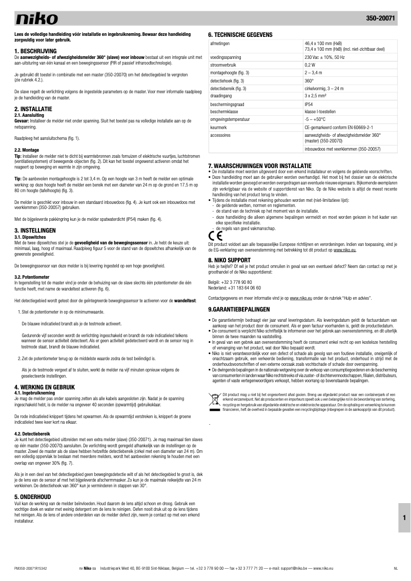 Page 1 de la notice Manuel utilisateur Niko 350-20071