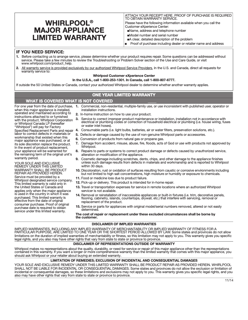 Página 1 del manual Información de garantía Whirlpool WML55011HW
