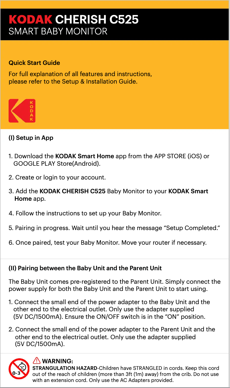 Page 1 de la notice Guide de démarrage rapide Kodak Cherish C525