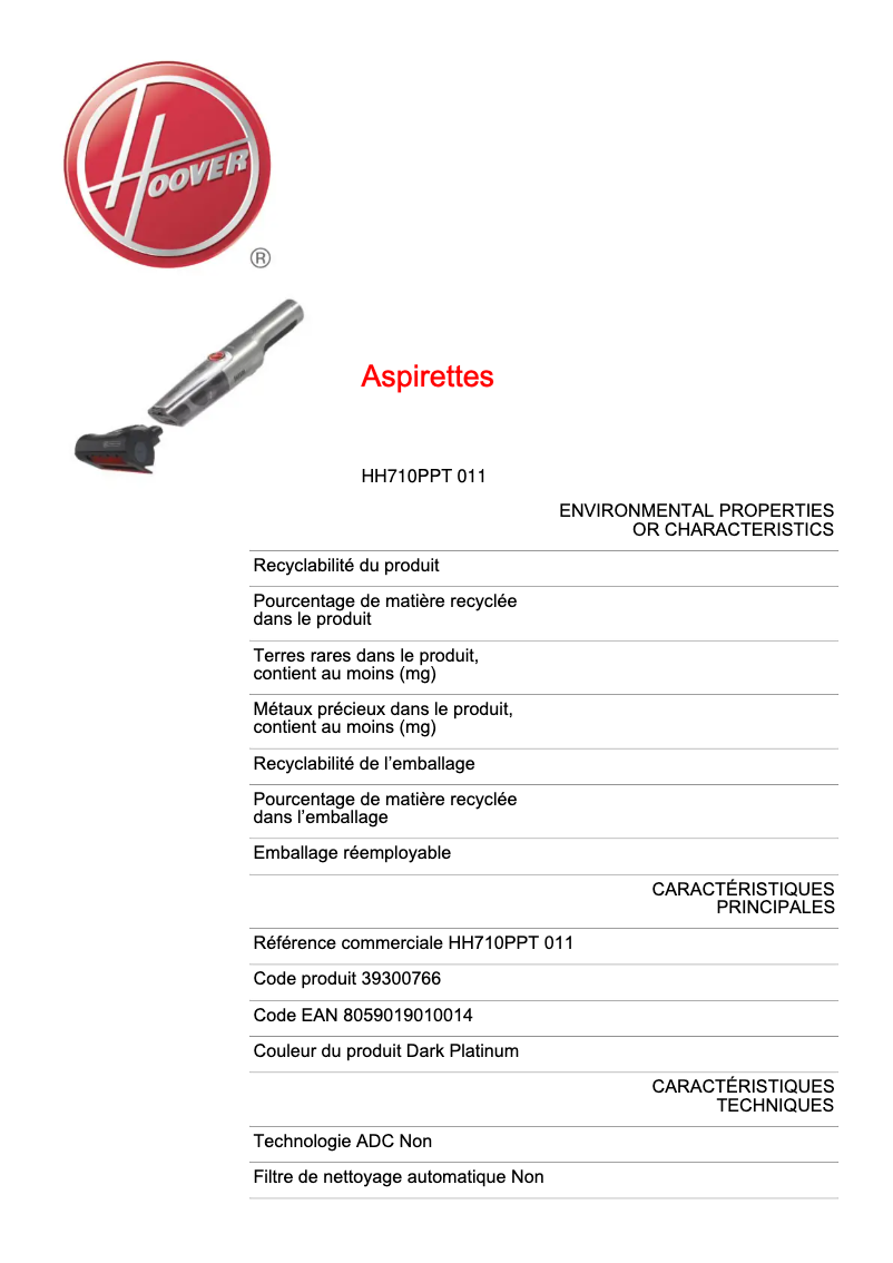 Page n°1 - Fiche technique Hoover H-HANDY 700 PETS