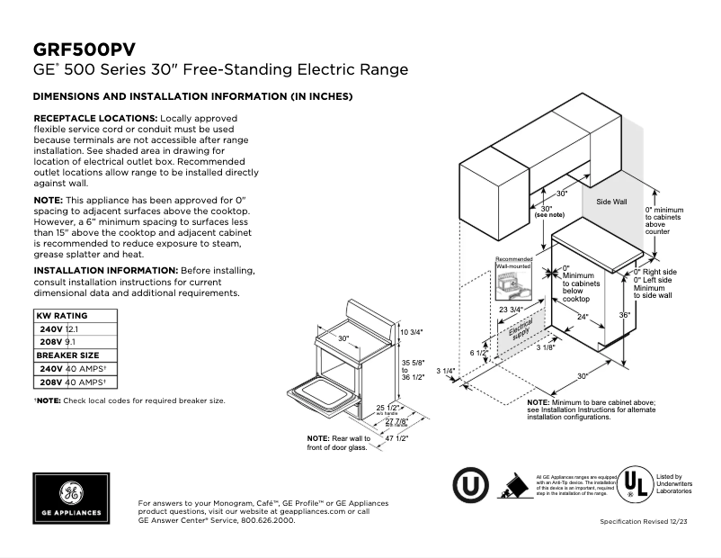 Page 1 of the manual Technical Sheet GE GRF500PVES