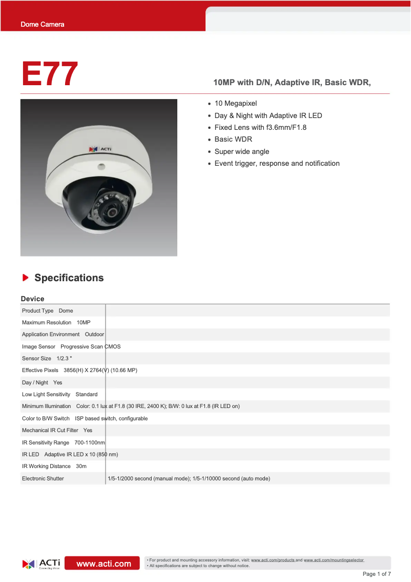 Page 1 de la notice Fiche technique ACTi E77