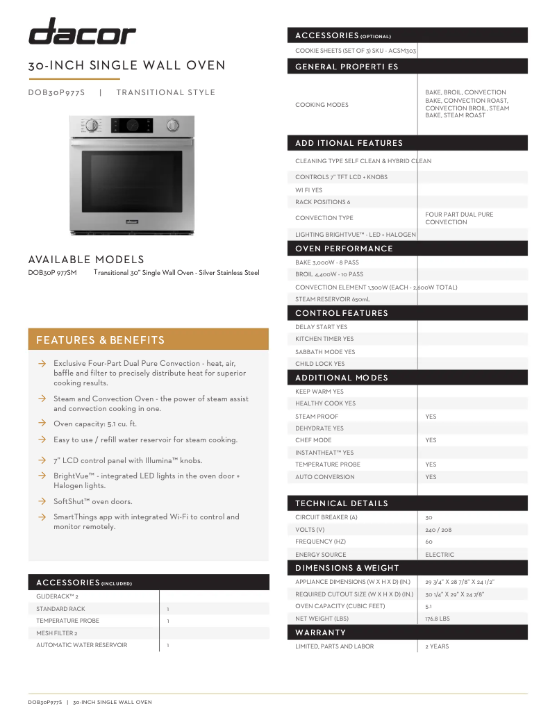 Page 1 de la notice Fiche technique Dacor DOB30P977SS