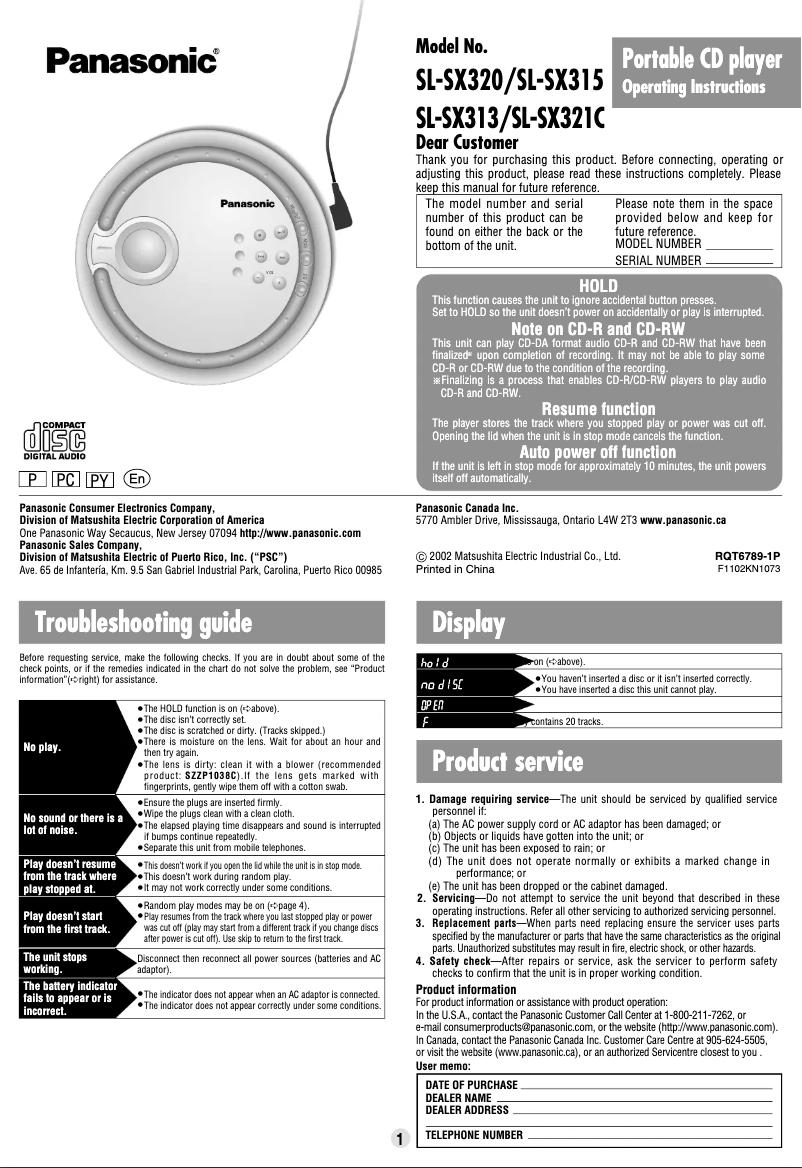 Page n°1 - Manuel utilisateur Panasonic SL-SX320