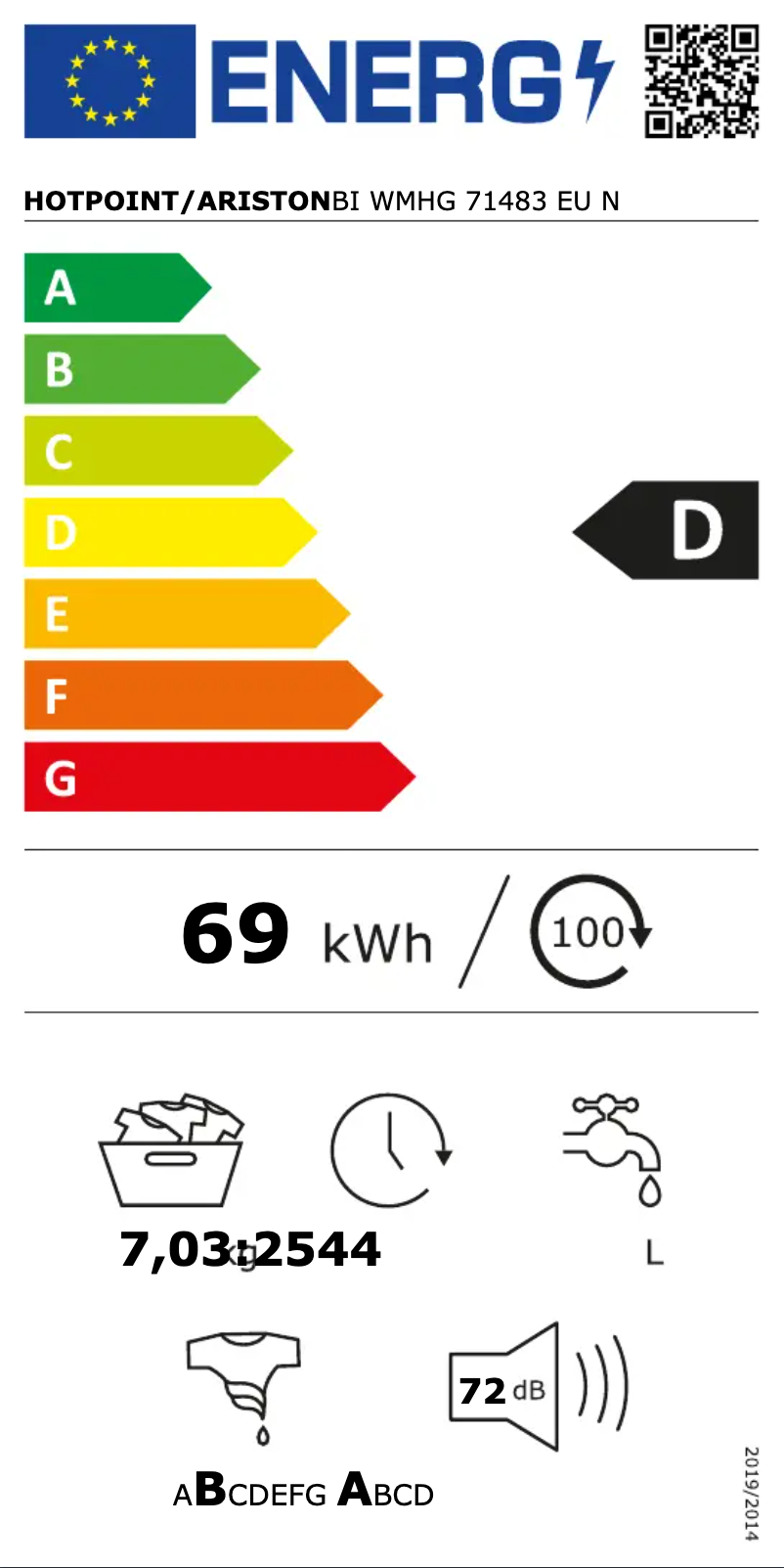 Page 1 de la notice Label énergétique Hotpoint BI WMHG 71483 EU N