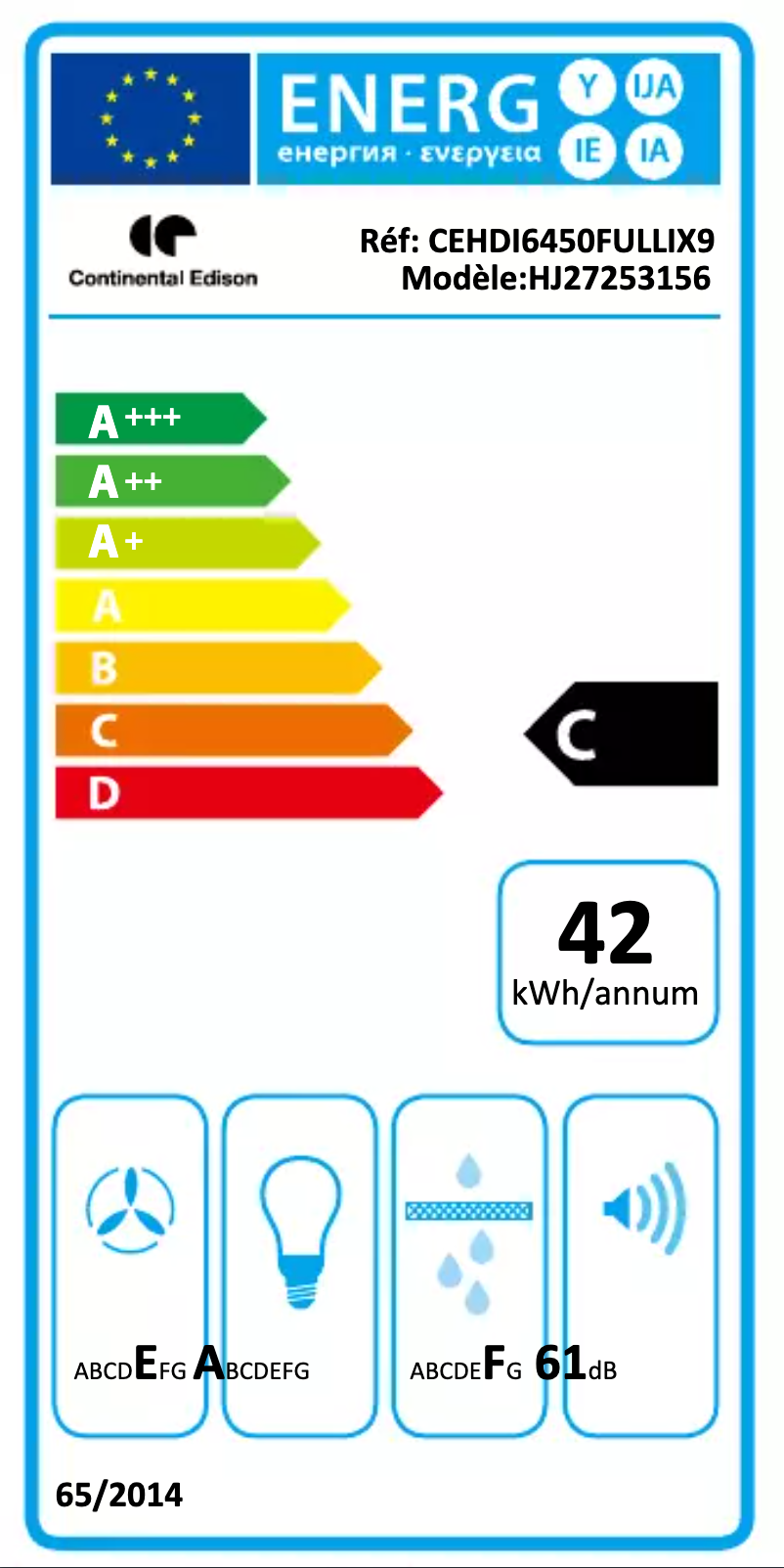 Page n°1 - Label énergétique Continental Edison CEHDI9450WB9
