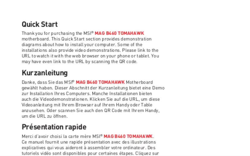 Page 1 de la notice Manuel utilisateur MSI MAG B460 TOMAHAWK