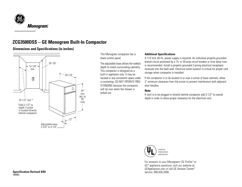 Page 1 de la notice Fiche technique GE ZCG3500DSS