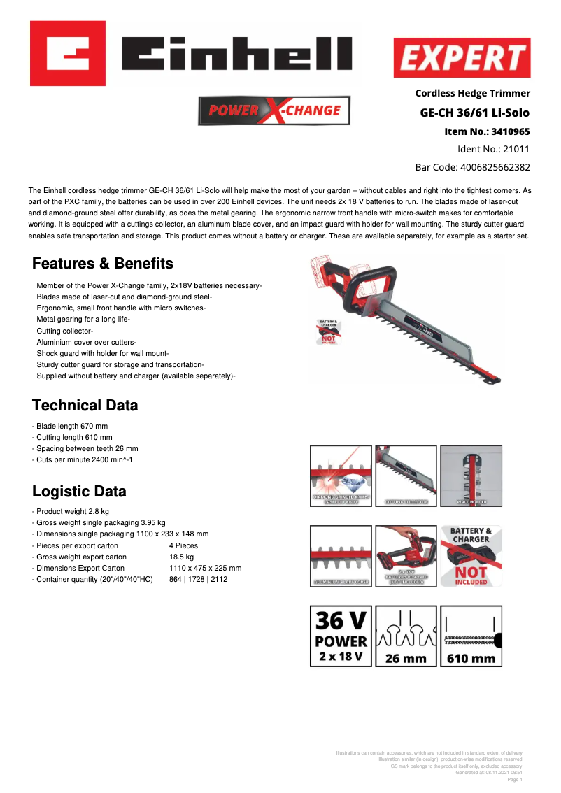 Page n°1 - Fiche technique Einhell GE-CH 36/61 Li