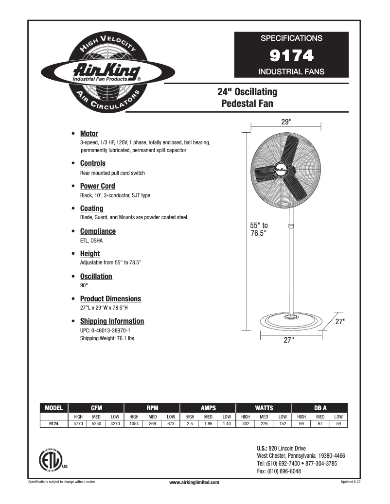 Page 1 de la notice Fiche technique Air King 9174