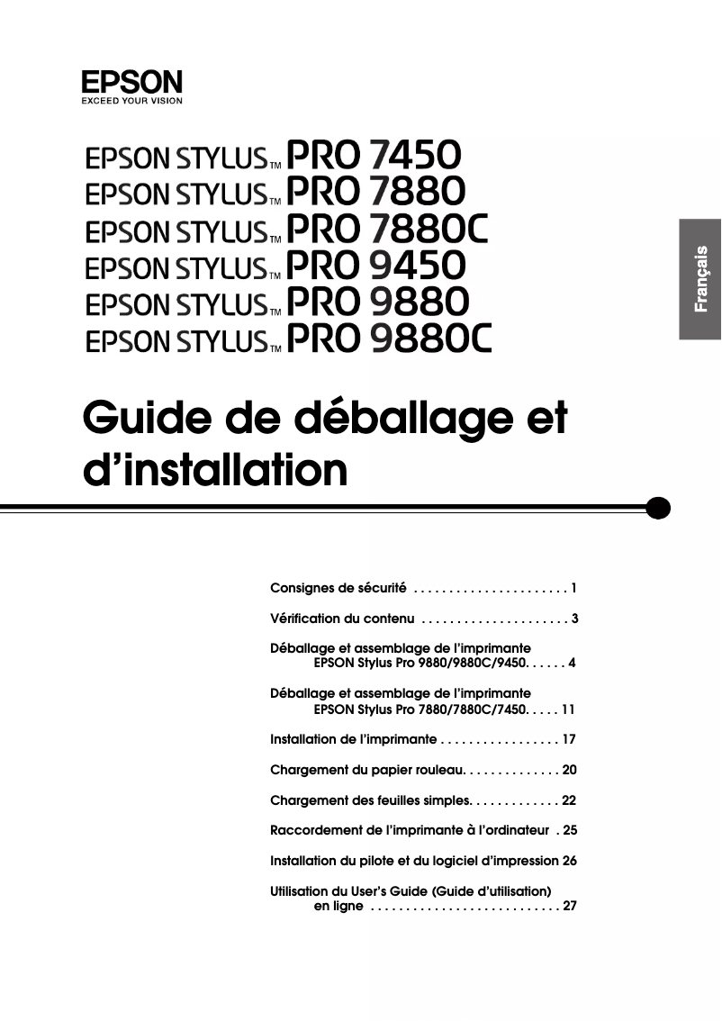Page 1 de la notice Guide d'installation Epson Stylus Pro 9450
