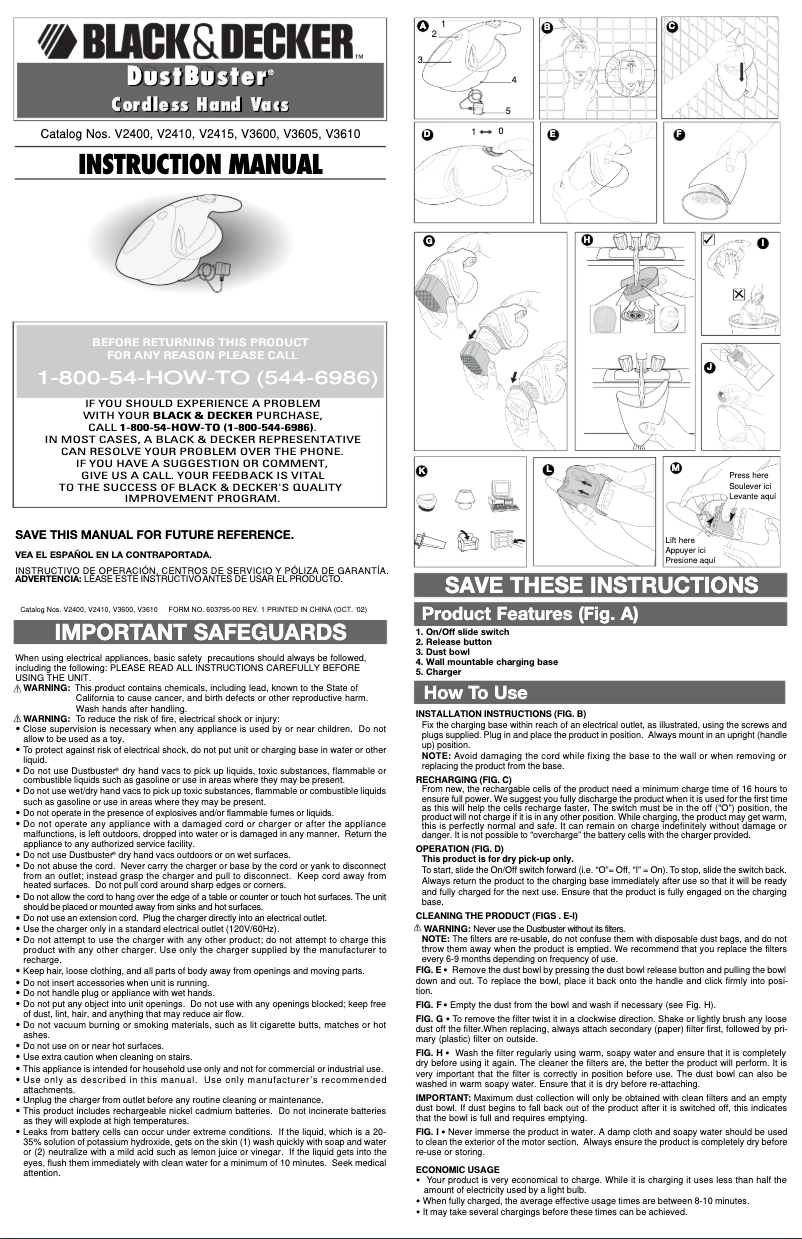 Page 1 de la notice Manuel utilisateur Black & Decker Dustbuster V3610