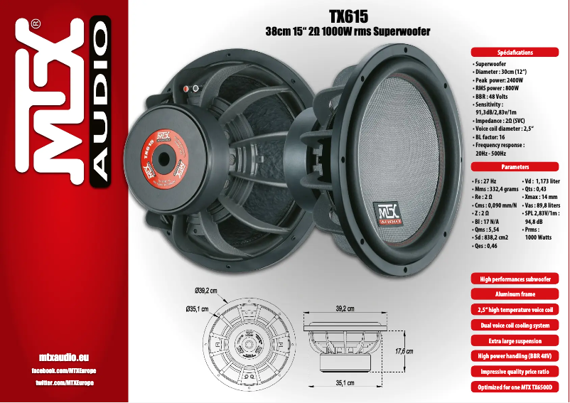 Page n°1 - Fiche technique MTX Audio TX615