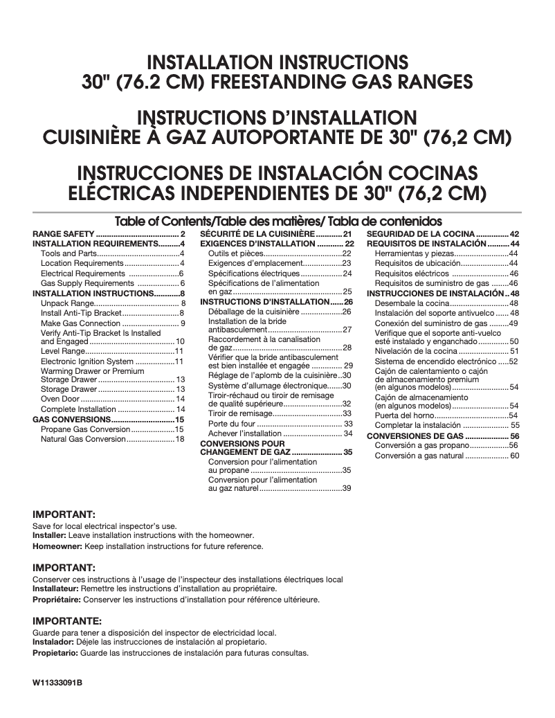 Page 1 de la notice Guide d'installation Whirlpool WFG550S0HZ
