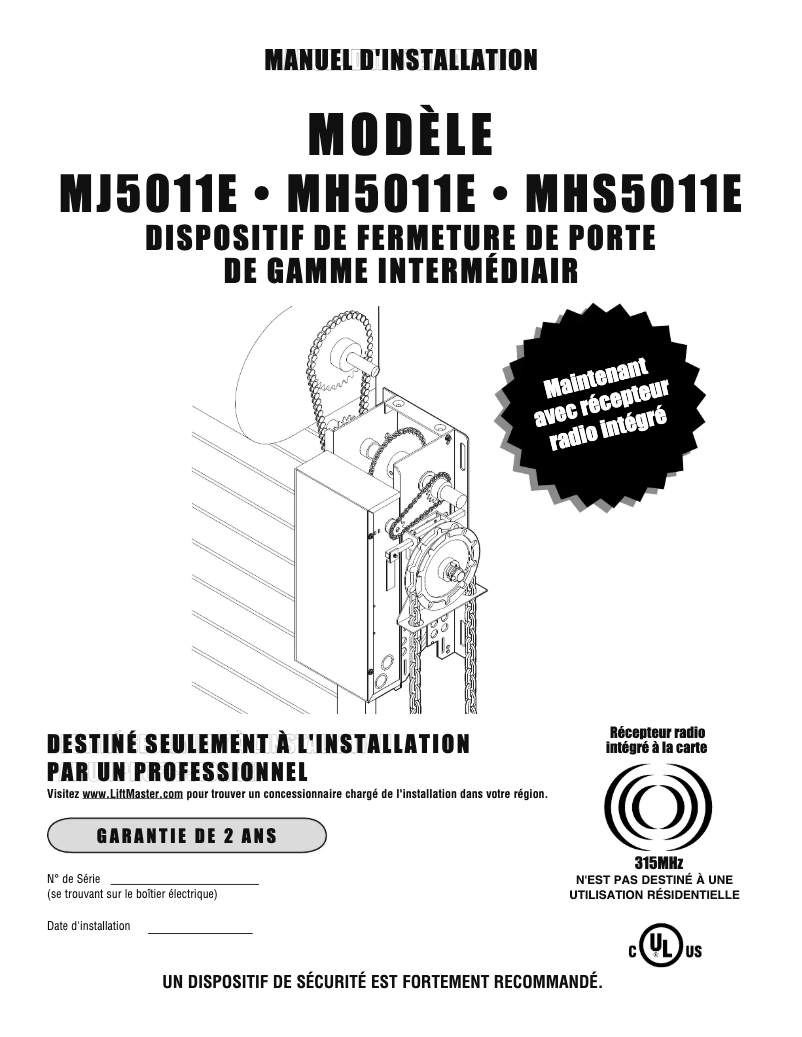 Page n°1 - Guide d'installation LiftMaster MJ5011U