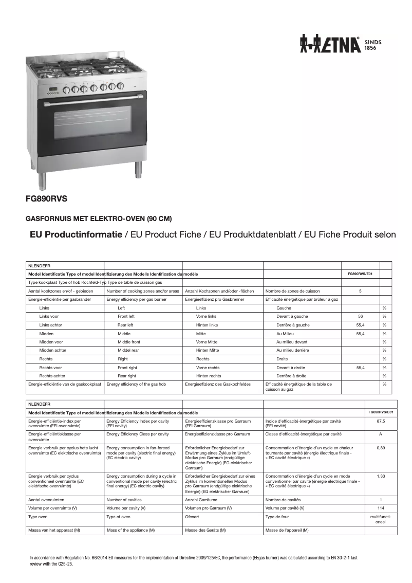 Page 1 de la notice Fiche technique Etna FG890RVS