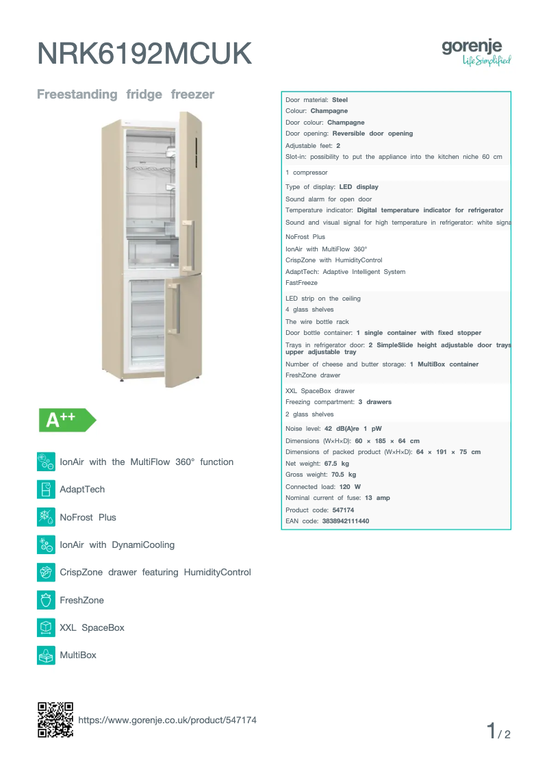 Page n°1 - Fiche technique Gorenje NRK6192MCUK