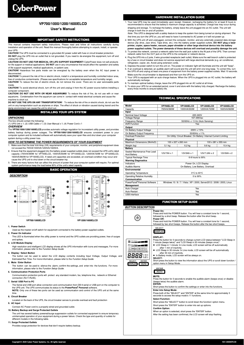 Page 1 de la notice Manuel utilisateur CyberPower VP1000ELCD