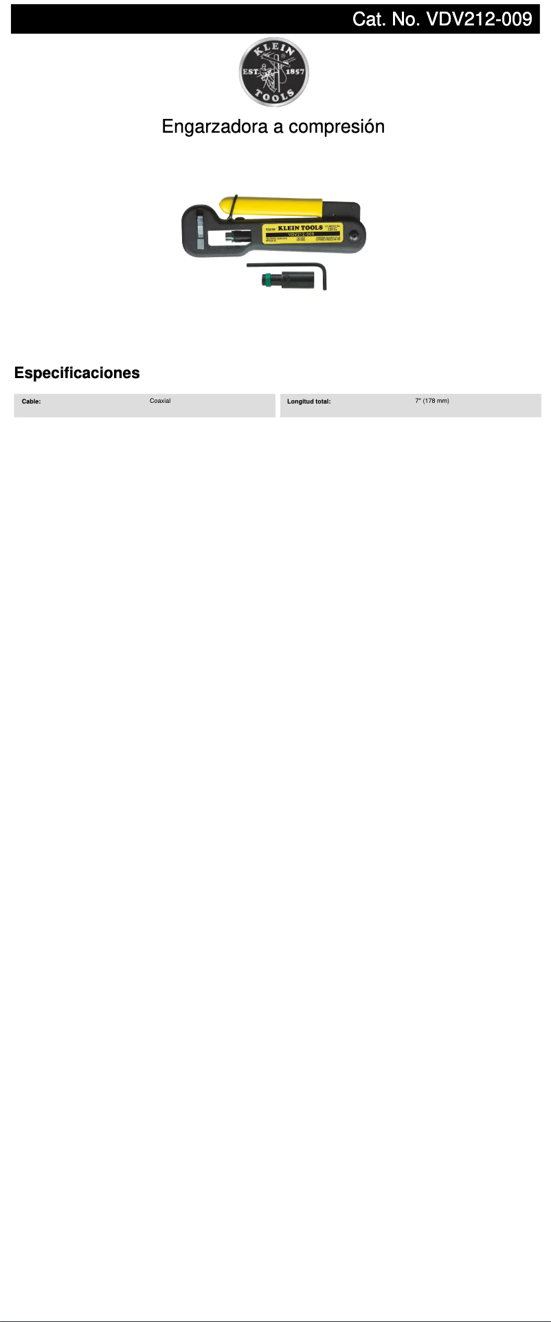 Page 1 de la notice Fiche technique Klein Tools VDV212-009