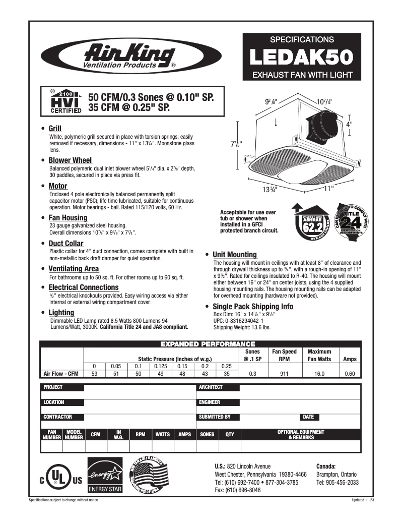 Page 1 de la notice Fiche technique Air King LEDAK50