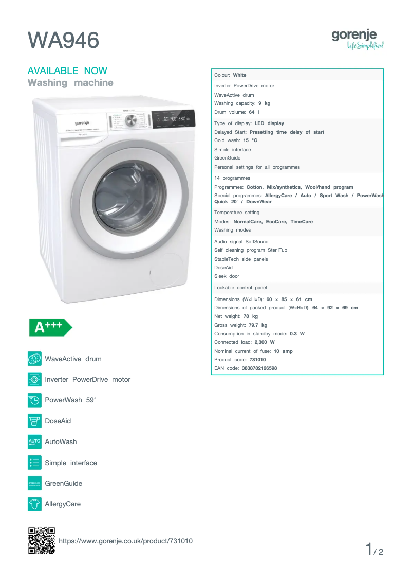 Page n°1 - Fiche technique Gorenje WA946